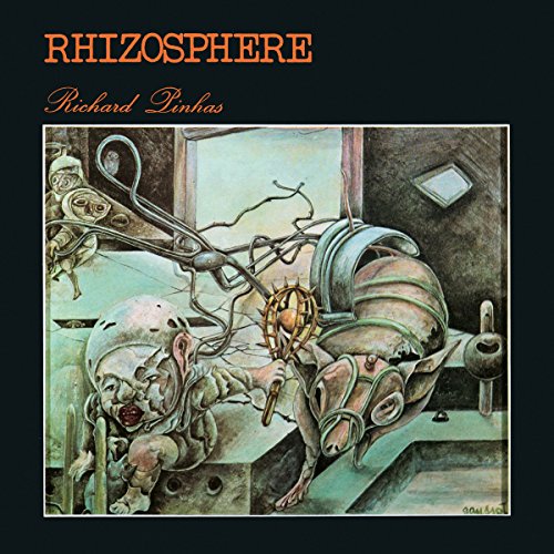 "Album cover art: 'Rhizosphere' by Richard Pinhas, surreal illustration on black background."
