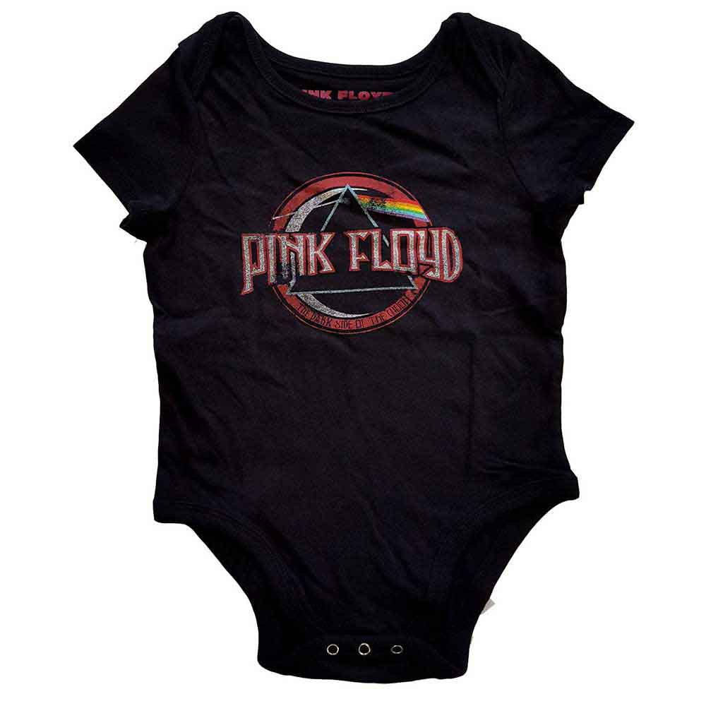 Pink baby grow featuring the Dark Side of the Moon prism design, 3-6 months.