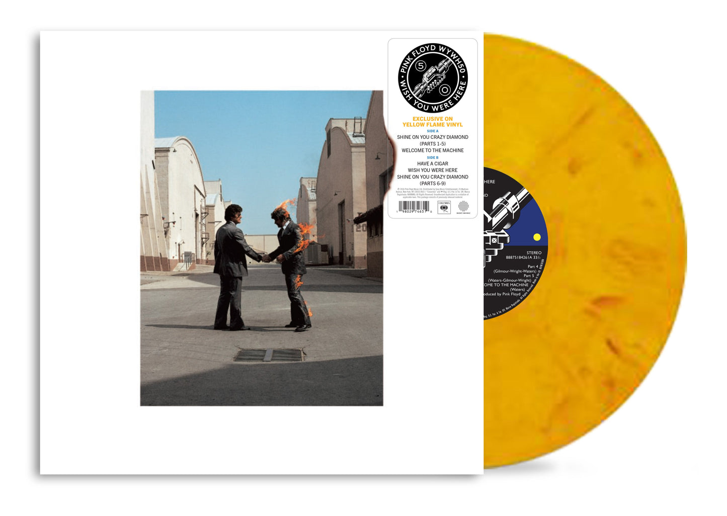 Yellow vinyl record of Pink Floyd’s “Wish You Were Here” album.