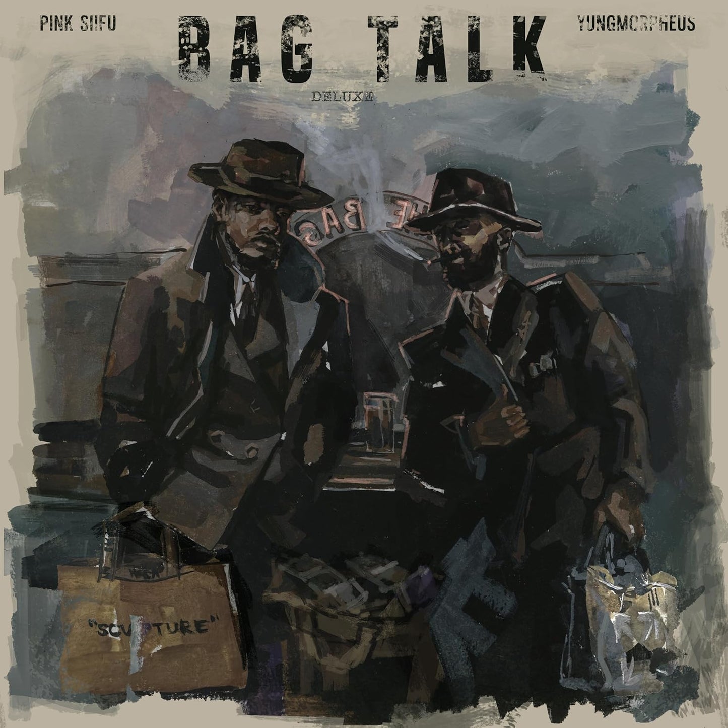 Painted album cover for “Bag Talk Deluxe” featuring two men in hats.