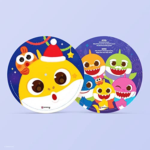 Pinkfong Baby Shark Christmas vinyl record with colorful shark illustrations.