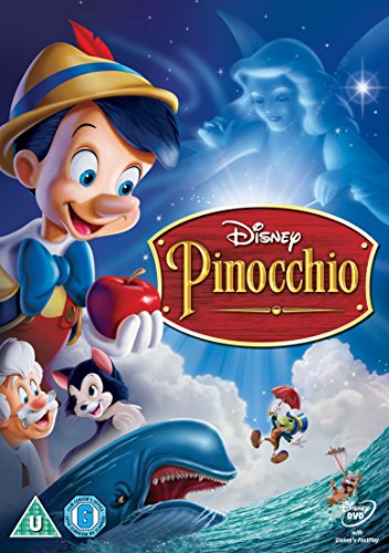 "Pinocchio DVD cover featuring the character Pinocchio in a yellow hat and red shorts."