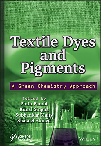 Book cover: “Textile Dyes and Pigments” with lab glassware imagery.