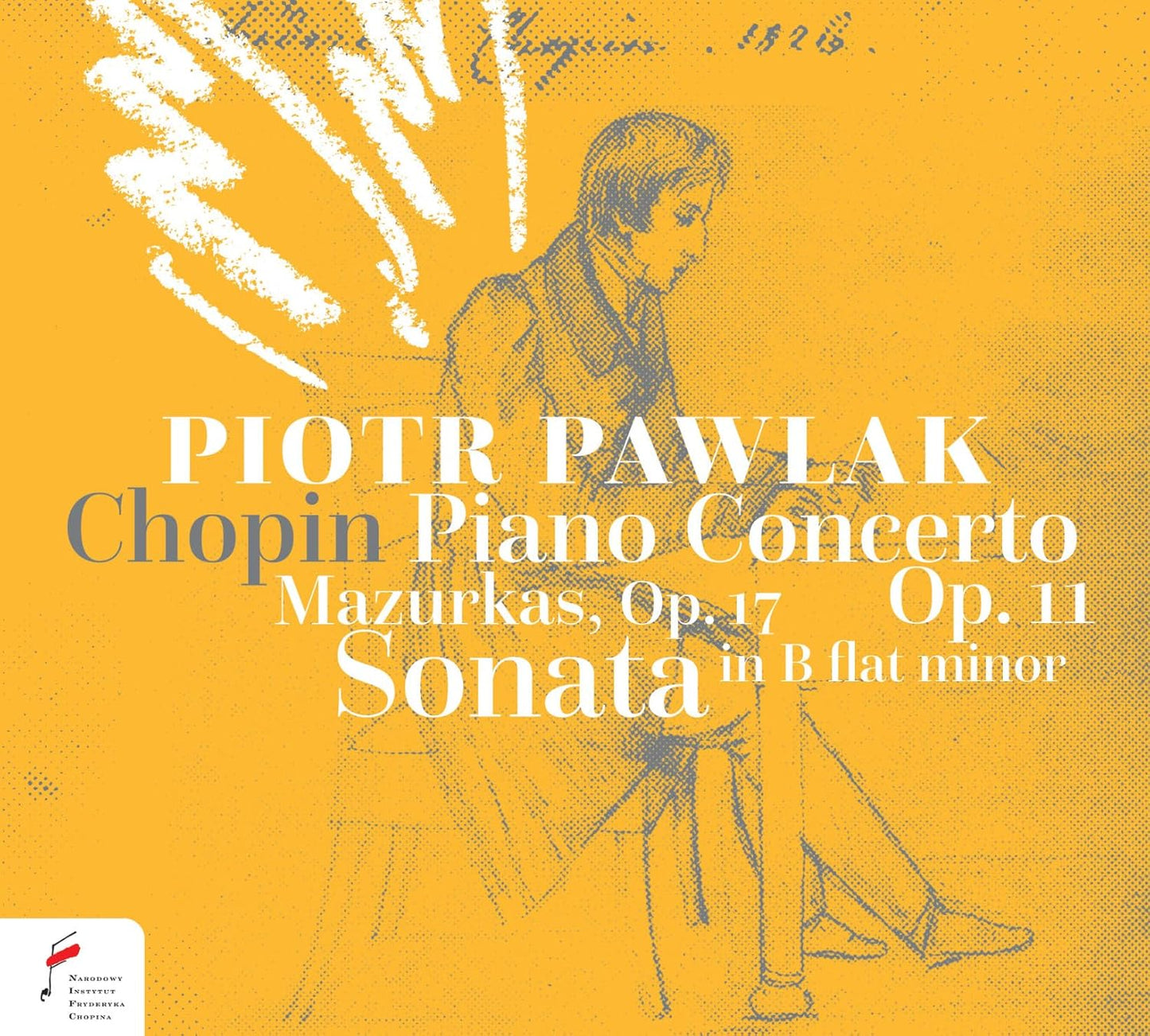 CD cover for Piotr Pawlak’s Chopin Piano Concerto, featuring a portrait.