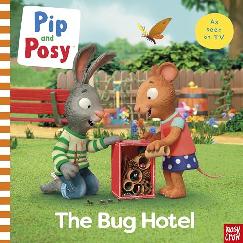 Pip and Posy building a red bug hotel in a garden setting.