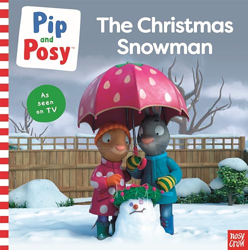 Pip and Posy with a snowman under a pink spotted umbrella.