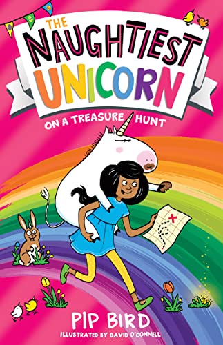 Book cover: girl with unicorn, treasure map, and colorful animal friends.