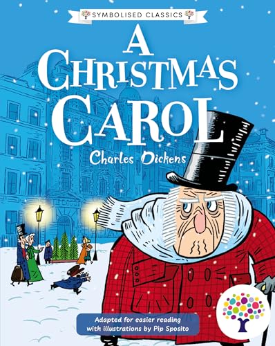 Book cover of “A Christmas Carol” featuring Scrooge and a snowy street.