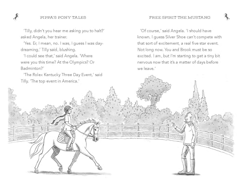 Pencil sketch of a girl riding a horse, with another girl standing nearby.