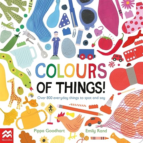 Brightly colored children’s book cover with illustrated everyday objects.