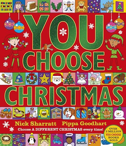 Children’s book cover with colorful Christmas illustrations and large green text.