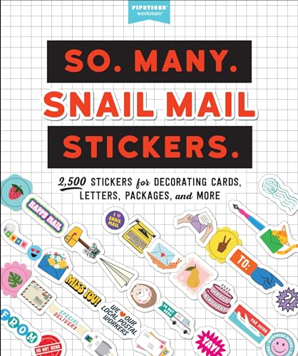 Book cover titled So Many Snail Mail Stickers with various colorful mail-themed stickers below.