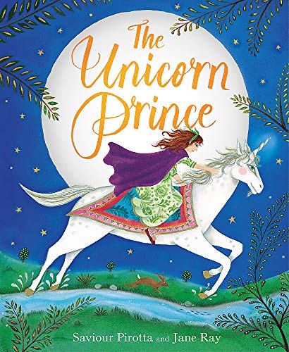 Girl riding a white unicorn under a large, pale moon.