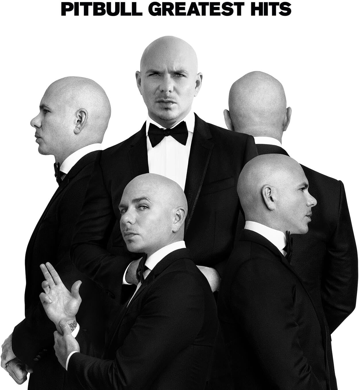 Black and white cover art featuring Pitbull in a tuxedo from multiple angles.