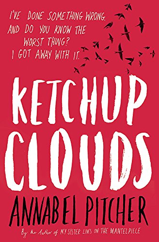 Book cover for Ketchup Clouds by Annabel Pitcher with red background and black birds.