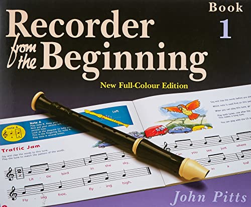 A black recorder resting on an open music instruction book titled Recorder from the Beginning.
