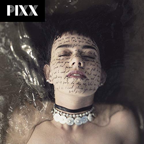 Person submerged in water with text covering their face and neck.