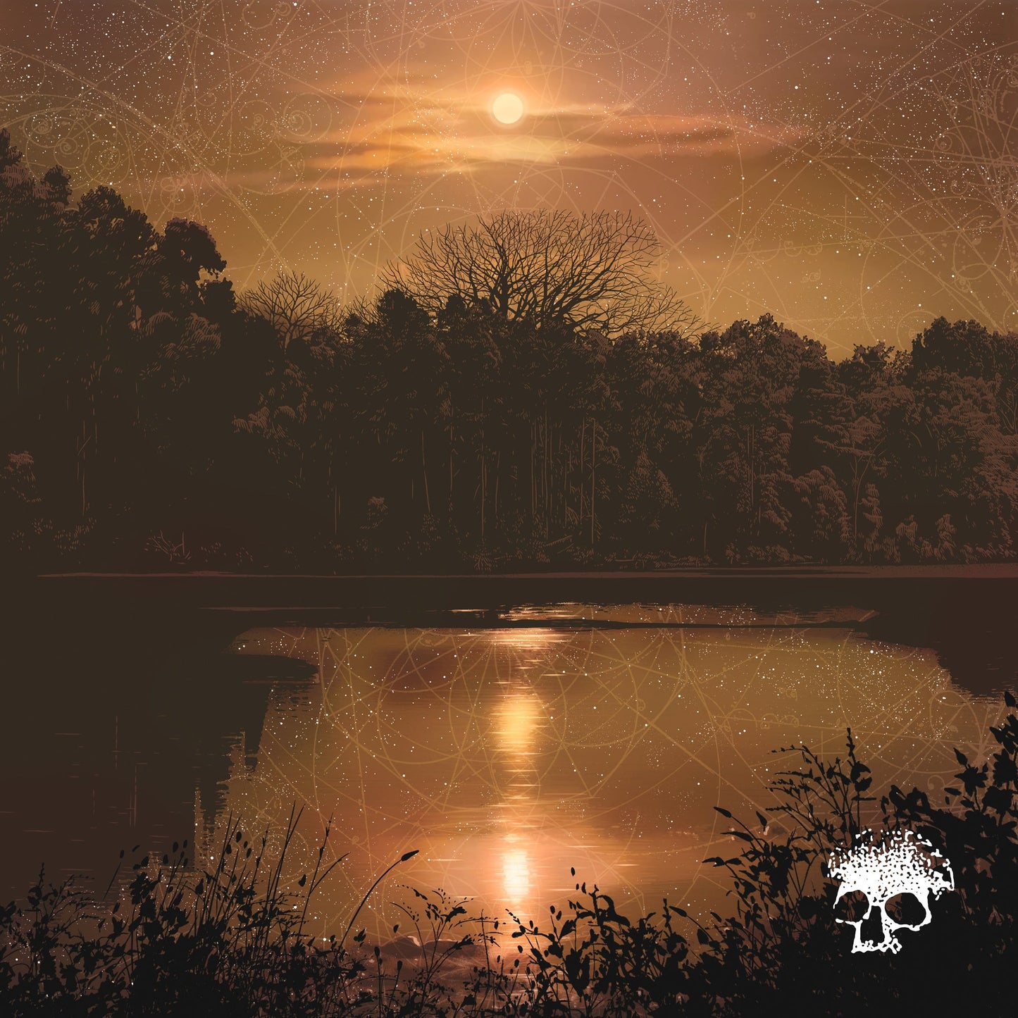 A sunset reflects over a lake with silhouetted trees and a small skull icon.