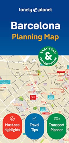 Lonely Planet Barcelona city planning map with a street grid and highlighted travel icons.