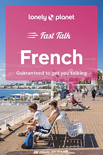 Lonely Planet Fast Talk French phrasebook cover featuring people sitting on a beach promenade.