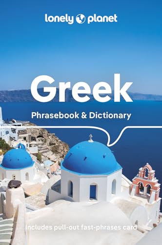 Lonely Planet Greek Phrasebook and Dictionary cover featuring blue-domed buildings in Santorini, Greece.