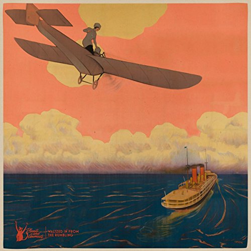 "Album cover art: vintage illustration of a biplane flying over a ship at sea."