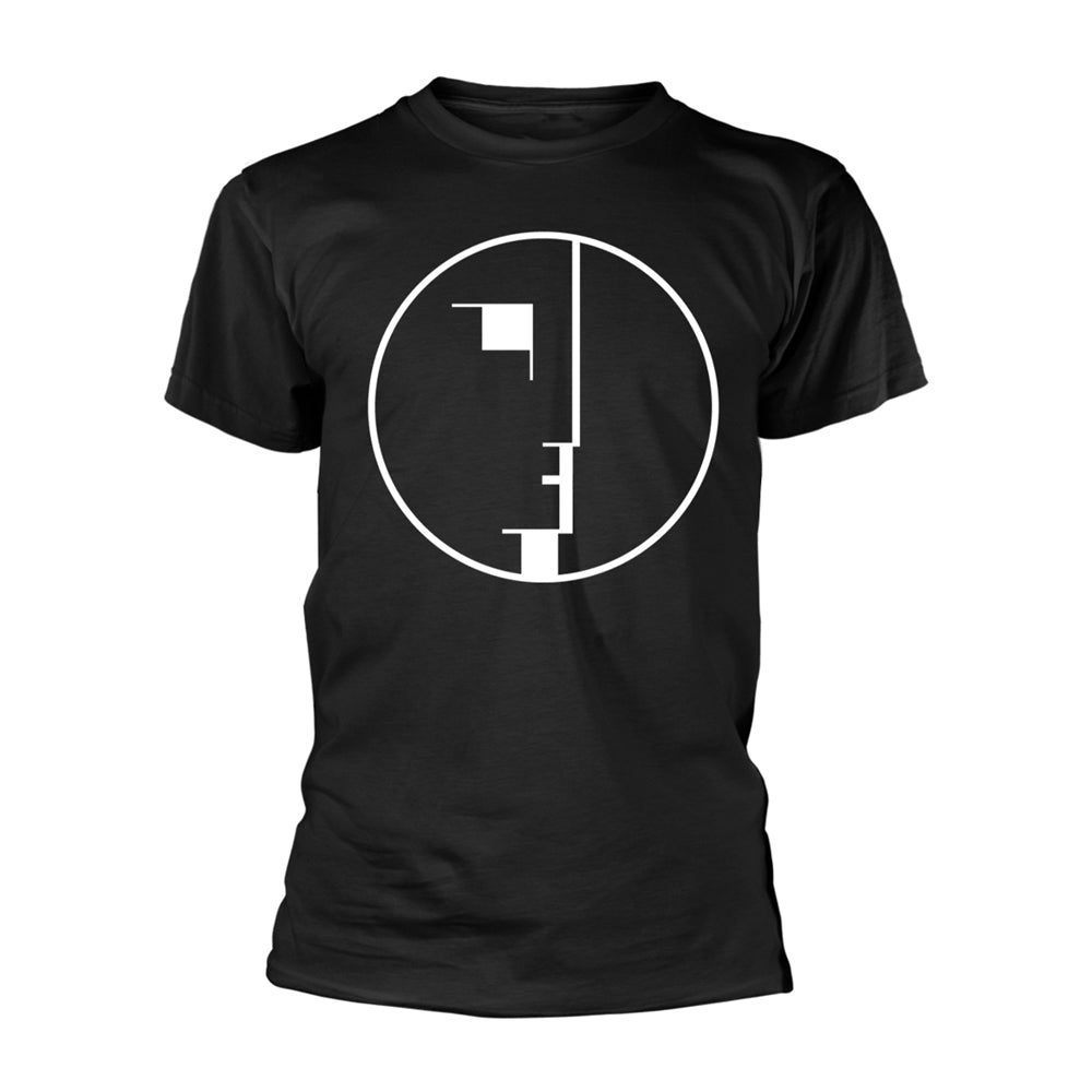 Black t-shirt with a white geometric face design on the chest.