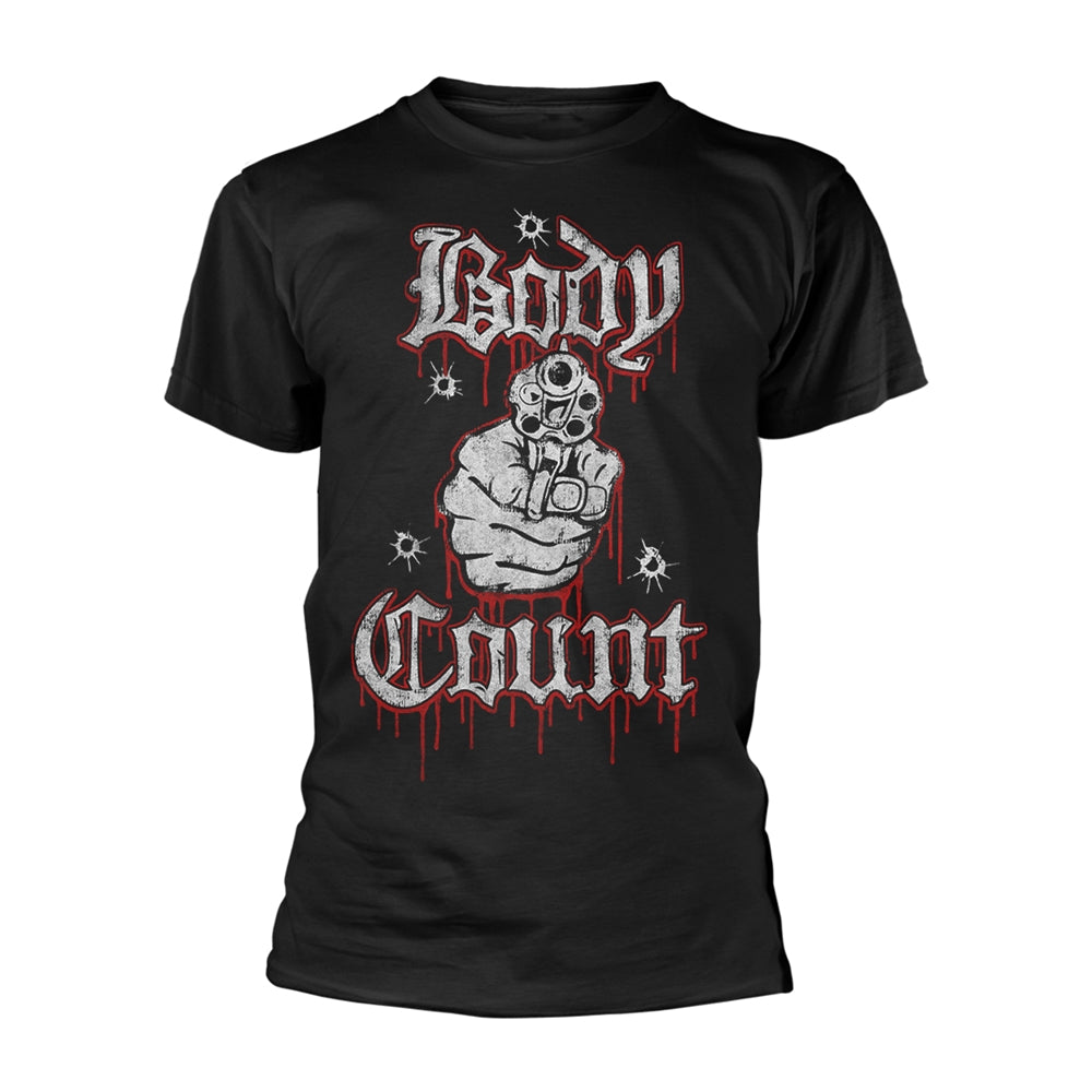 Black t-shirt with graphic of a gun and the words "Body Count".