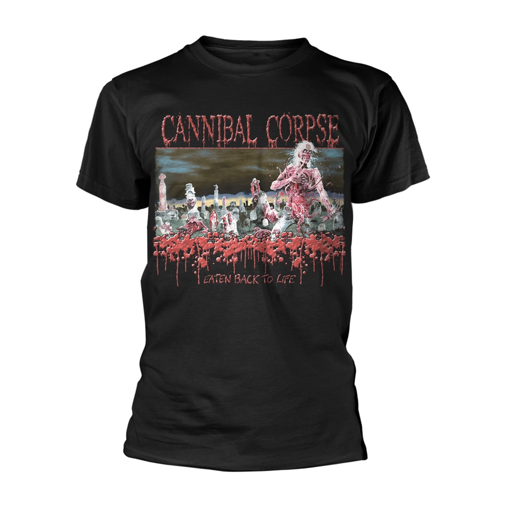 Black t-shirt with Cannibal Corpse album art depicting zombies and a graveyard.