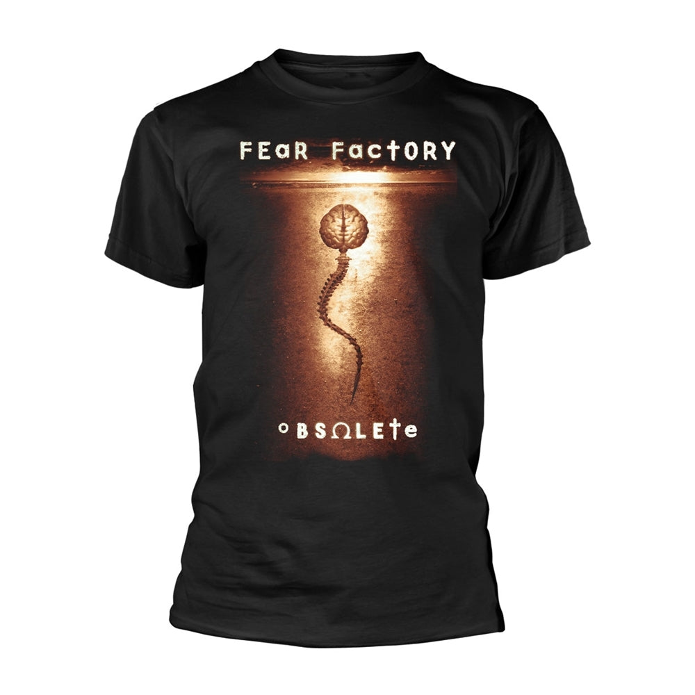Black t-shirt with “Fear Factory Obsolete” album art graphic.