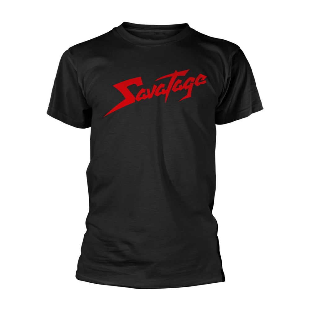 Black t-shirt with red, stylized "Savatage" logo centered on chest.