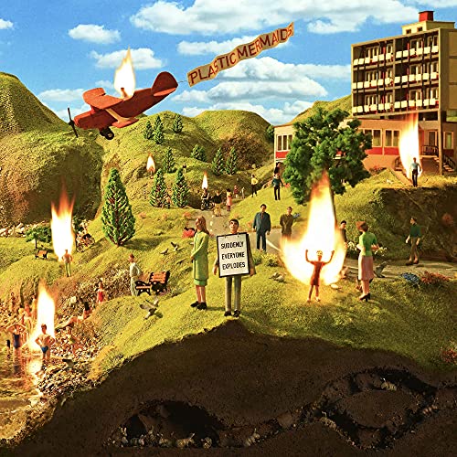 Surreal landscape with figures engulfed in flames, airplane, and building.