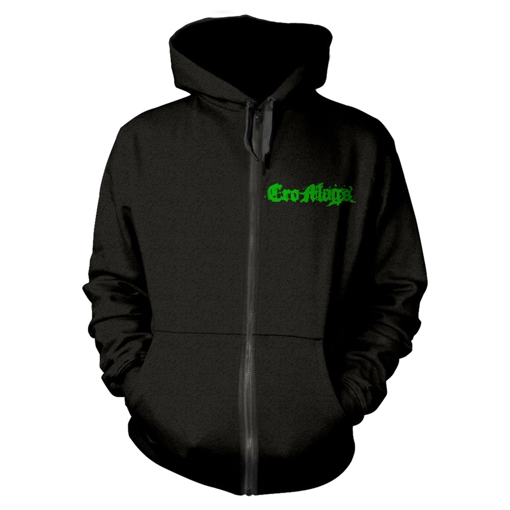 Black zip-up hoodie with green “Cro-Mags” logo on the chest.