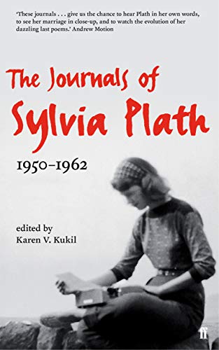 Book cover titled The Journals of Sylvia Plath featuring a woman using a typewriter.