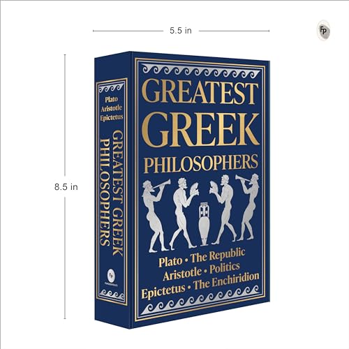 Blue book titled Greatest Greek Philosophers with gold text and silver ancient Greek figures.