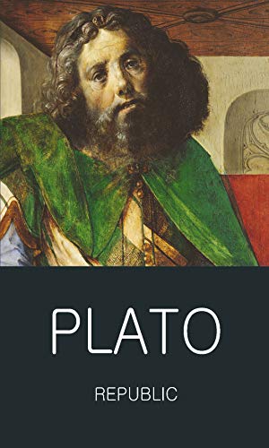 Book cover featuring a classical portrait of a bearded man with the text Plato Republic.