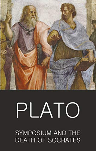 Book cover featuring Raphael's School of Athens painting with the title Plato Symposium and Death.