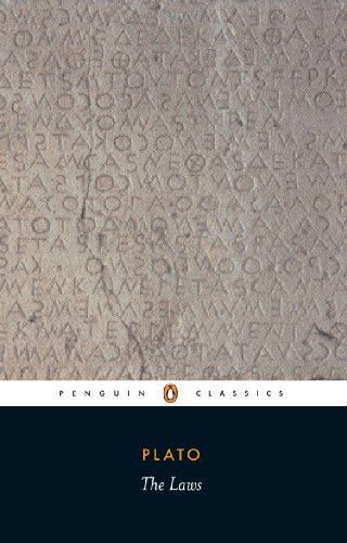 Book cover: "The Laws" by Plato, Penguin Classics, with ancient script texture.