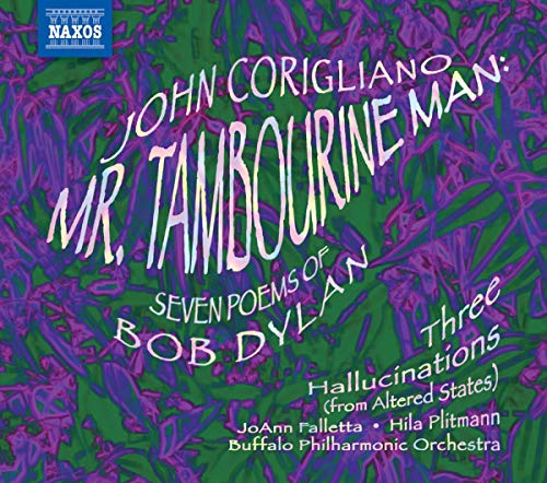 CD cover for John Coriglianoās āMr. Tambourine Manā with purple floral design.