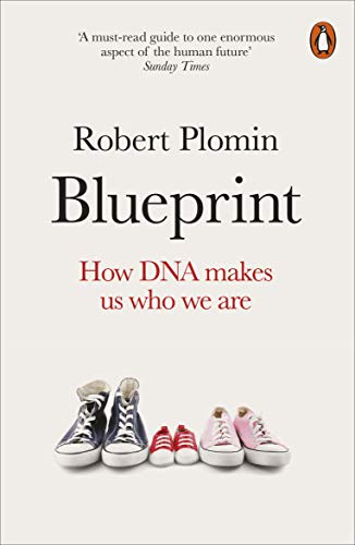 Book cover for Blueprint by Robert Plomin featuring four pairs of sneakers in size order.