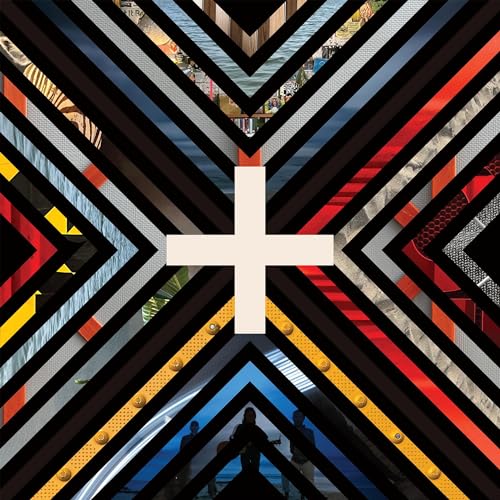 Album cover with a white plus sign amidst angled, colorful photographic strips.