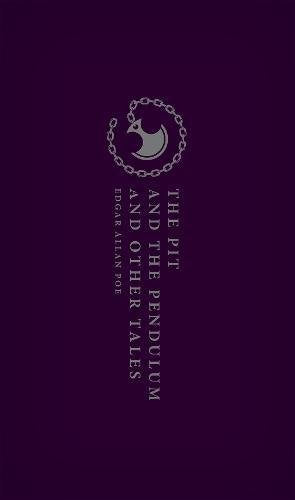 Dark purple book cover with a pendulum and title by Edgar Allan Poe.
