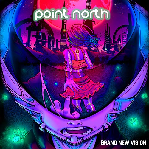 CD cover: girl in futuristic city viewed through a helmet visor.