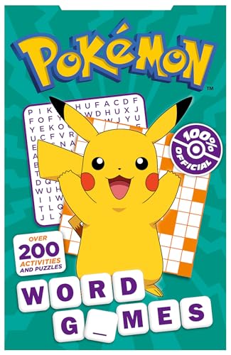 Pokémon Word Games" book cover featuring Pikachu and letter grid.
