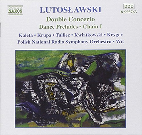 CD cover for Lutosławski's Double Concerto featuring abstract green and dark geometric artwork.