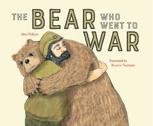 Illustration of a bear embracing a soldier in a green helmet.