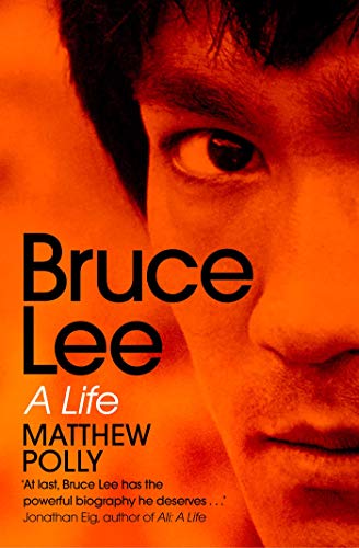 Book cover: close-up portrait of Bruce Lee with orange background.