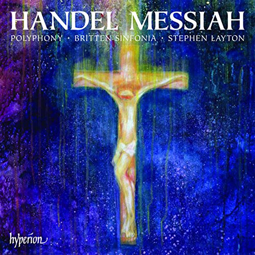 Cover of "Handel: Messiah" CD with abstract cross on blue background.
