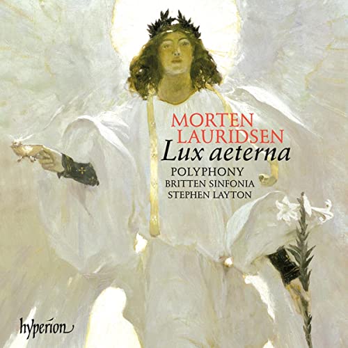 CD cover featuring an angelic figure in white, with text about Lauridsen's choral works.