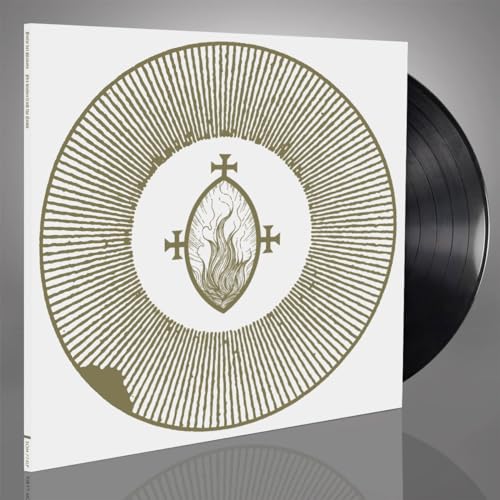 Vinyl record with white cover featuring a golden, radiating flame design.
